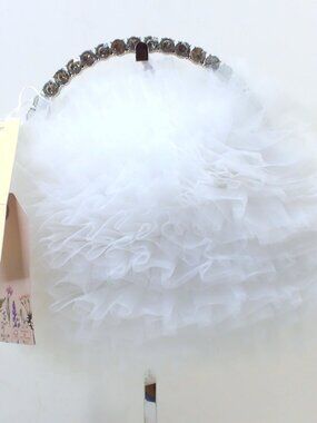 Jewell Badgley Mischka White Chiffon Ruffle Bag/Clutch with Large Rhinestones